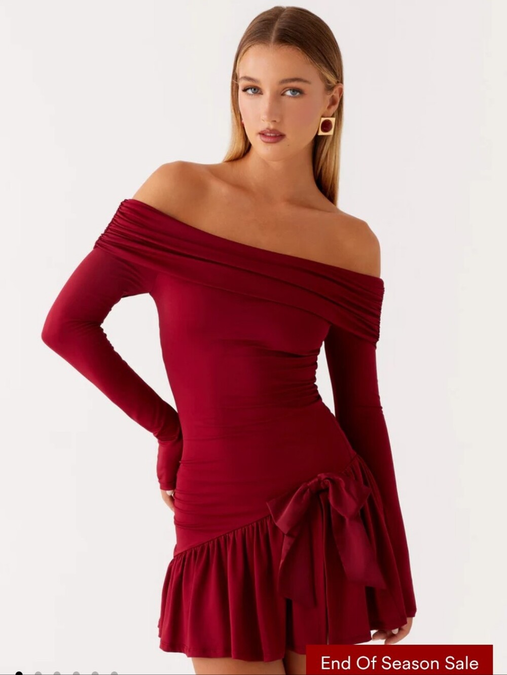 NWT Peppermayo Grazia Off-Shoulder Wine Red Long Sleeve Ruffle Dress M